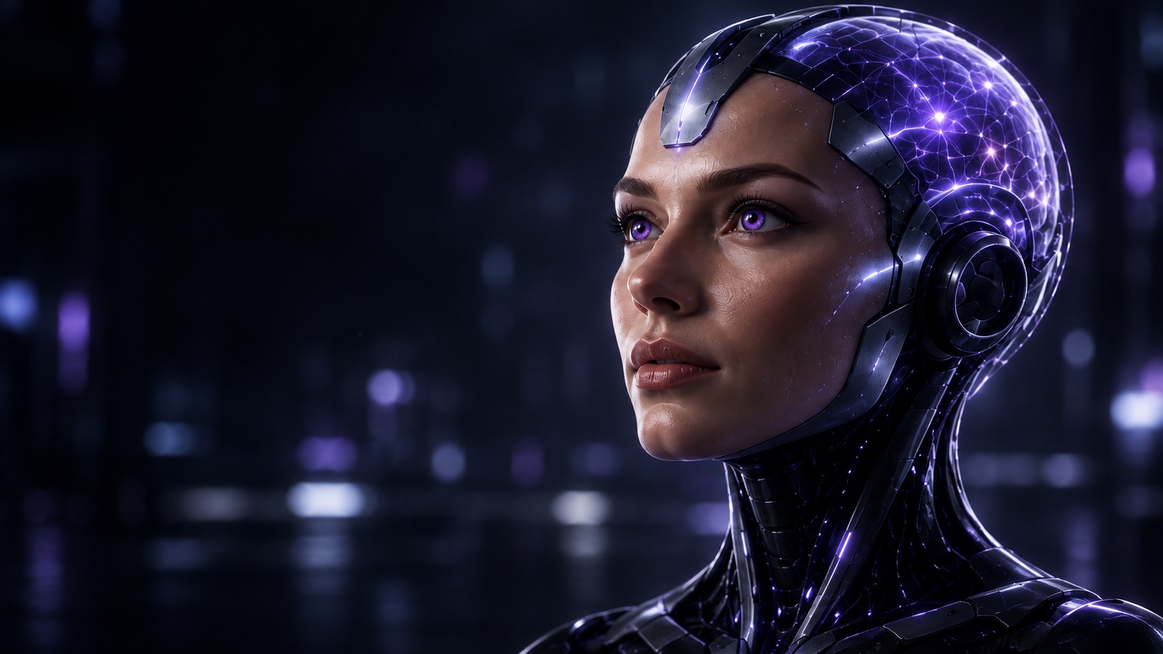 INTELLICA looking upward with violet eyes and an illuminated neural structure within dark titanium detailing
