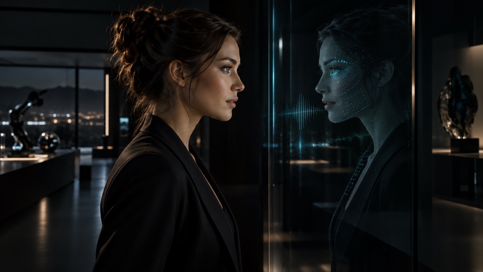 A woman facing her digital twin in intelligent glass with subtle cyan biometric light