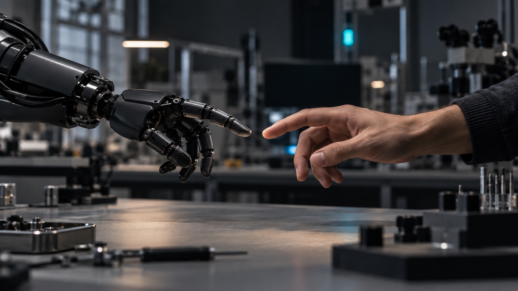 Human and robotic hands approaching one another