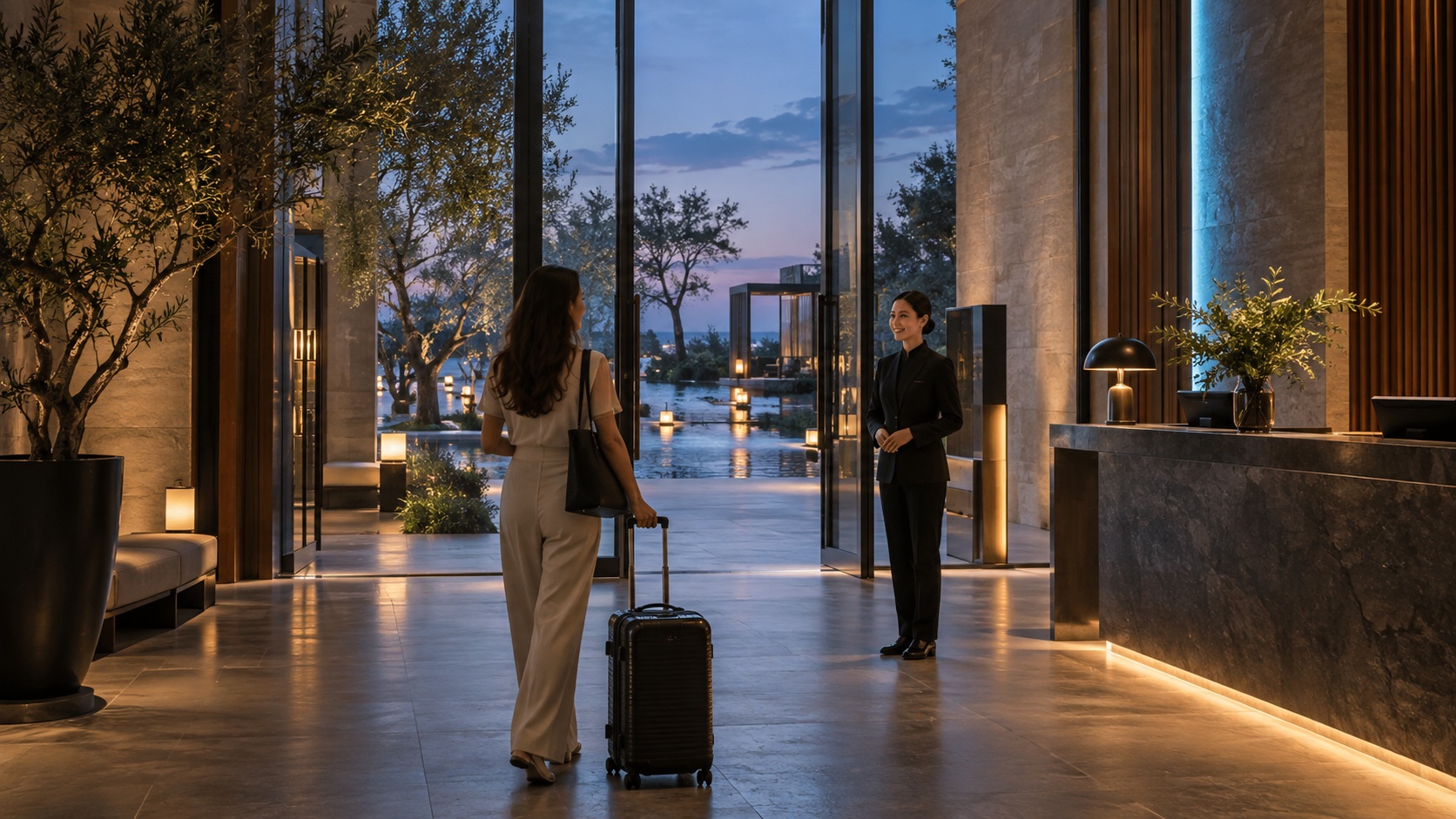 A traveller arriving at a contemporary resort reception with warm materials and a planted courtyard